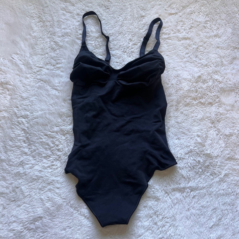 SKIMS Seamless Sculpt Ruched Bodysuit Onyx Black Size XL Adjustable Straps Firm